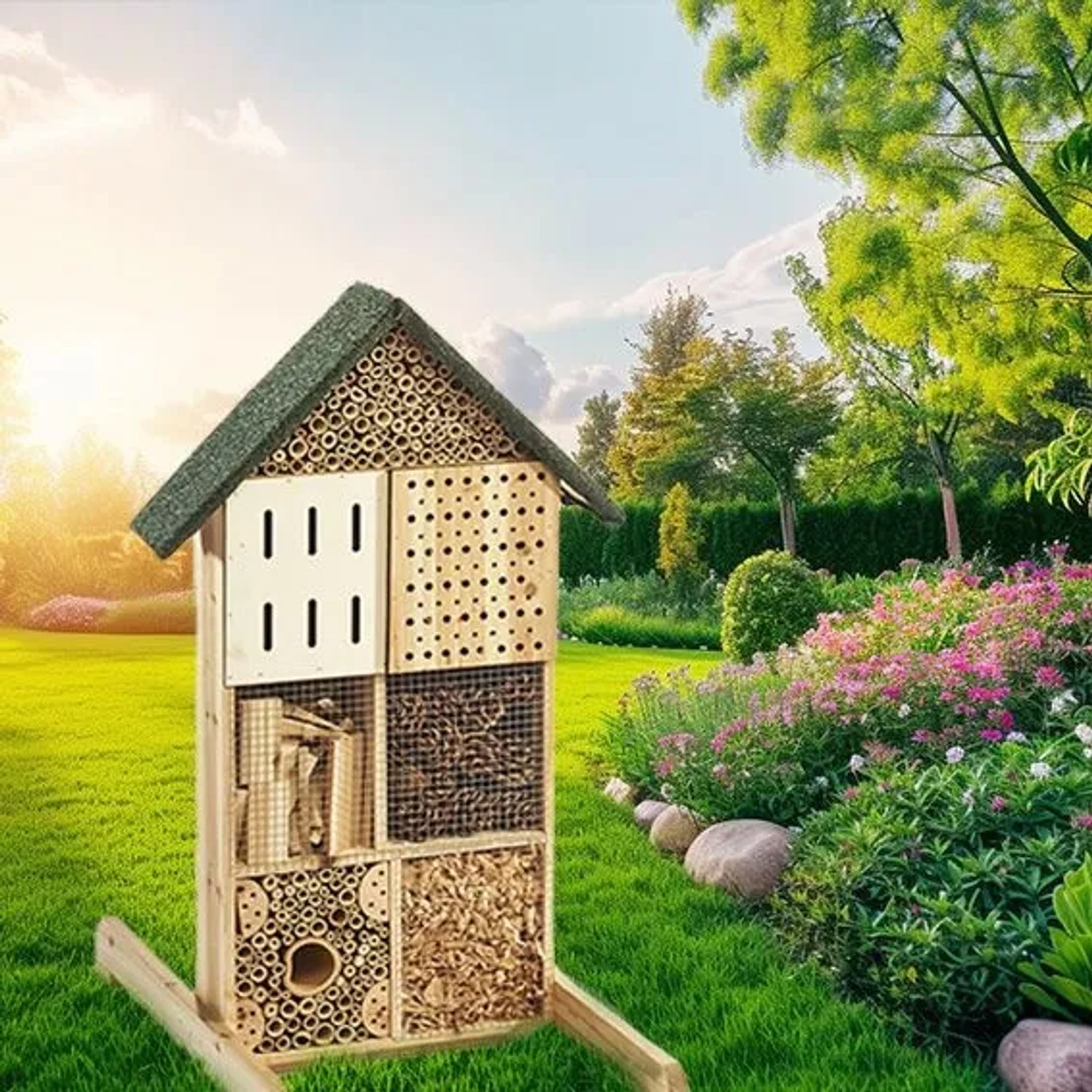 Großes Kobolo Insektenhaus aus Holz mit grünem Dach, vielfältige Füllungen für Bienen, Käfer und Schmetterlinge im Garten.