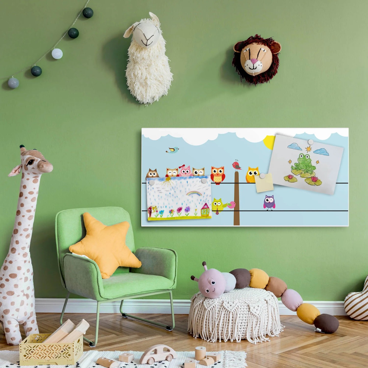 Banjado Magnettafel 37x78 Cm – Magnetpinnwand Mit Motiv Acht Eulen, Inkl. 4 Magnete & Montageset, Für Küche, Büro & Kinderzimmer