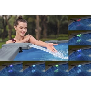 Bestway Hydrium Pool-Set mit Wasserfall und LED-Beleuchtung in verschiedenen Farben.