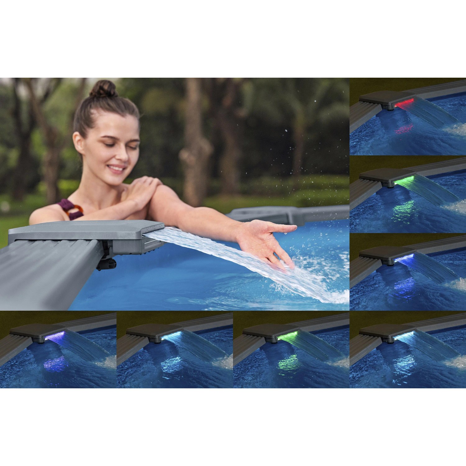 Bestway Hydrium Pool-Set mit Wasserfall und LED-Beleuchtung in verschiedenen Farben.