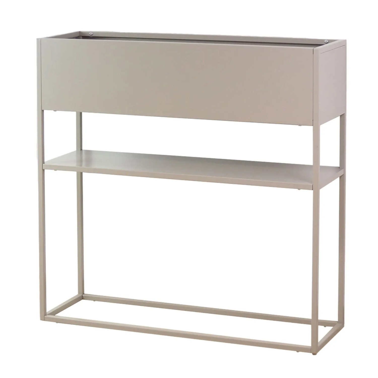 osoltus Pflanzkasten Raumteiler Cube aus warmgrauem Stahl mit Ablage, 80 cm lang, im Industriedesign.