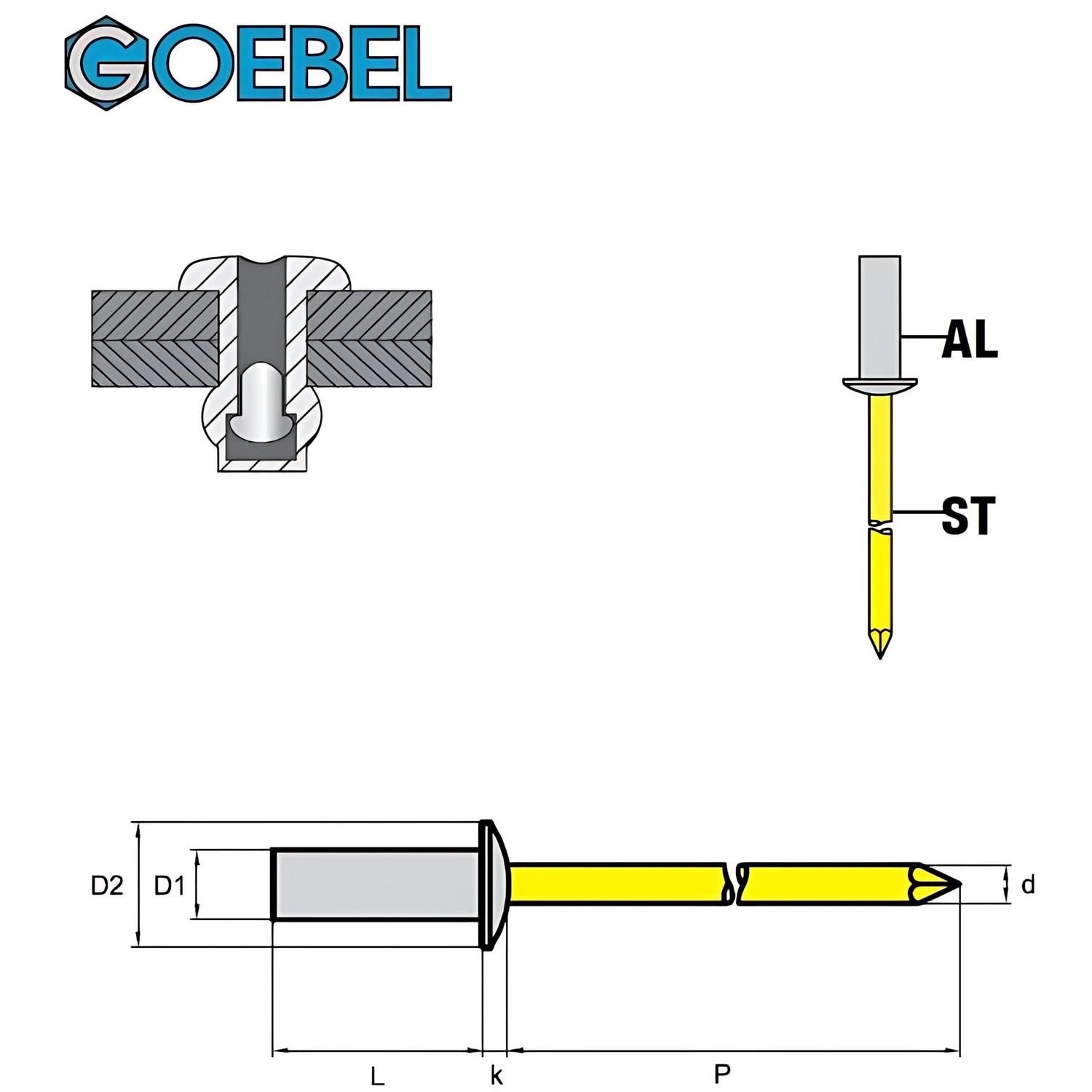 GOEBEL Dicht-Becherblindniete 3,2x8mm, Aluminium/Stahl, Flachkopf. Blindnieten für dichte Verbindungen.