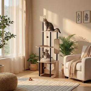 Moderner Fudajo Kratzbaum aus Metall und Holz mit Sisalflächen. Zwei Katzen auf den Ebenen im Wohnzimmer.