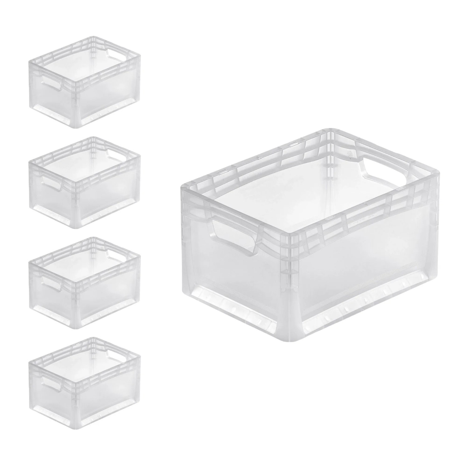 Set aus 5 transparenten Eurobehältern LightLine, 24 Liter, mit offenen Griffen. Ideal zur Aufbewahrung und zum Transport.