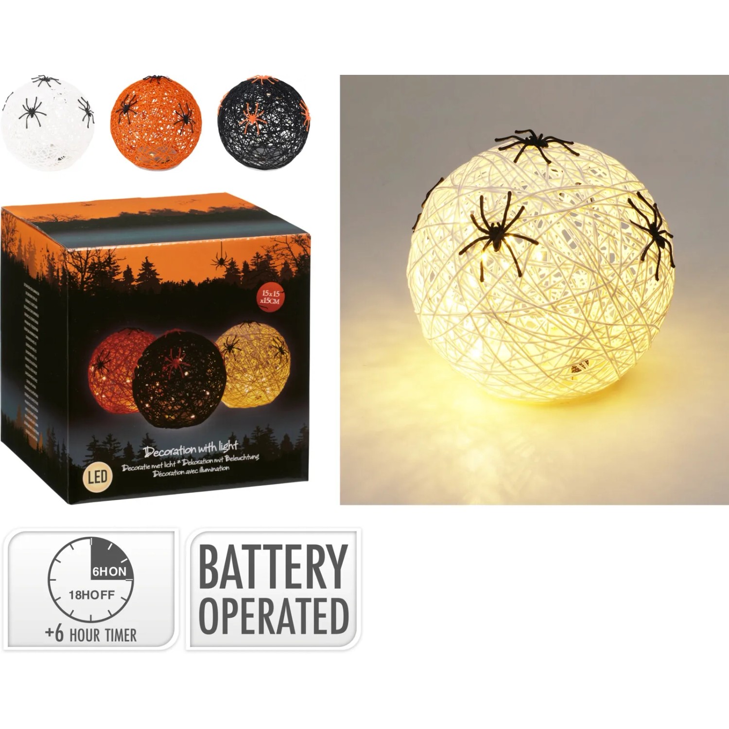 Papier-Deko Kugel mit LED-Lichtern und Spinnen, 15cm, in verschiedenen Farben.