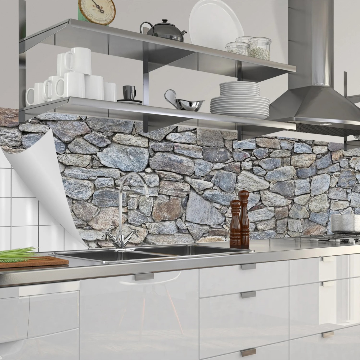 Küchenrückwandfolie Massimo mit Steinwand-Optik, selbstklebend, 280x60 cm.