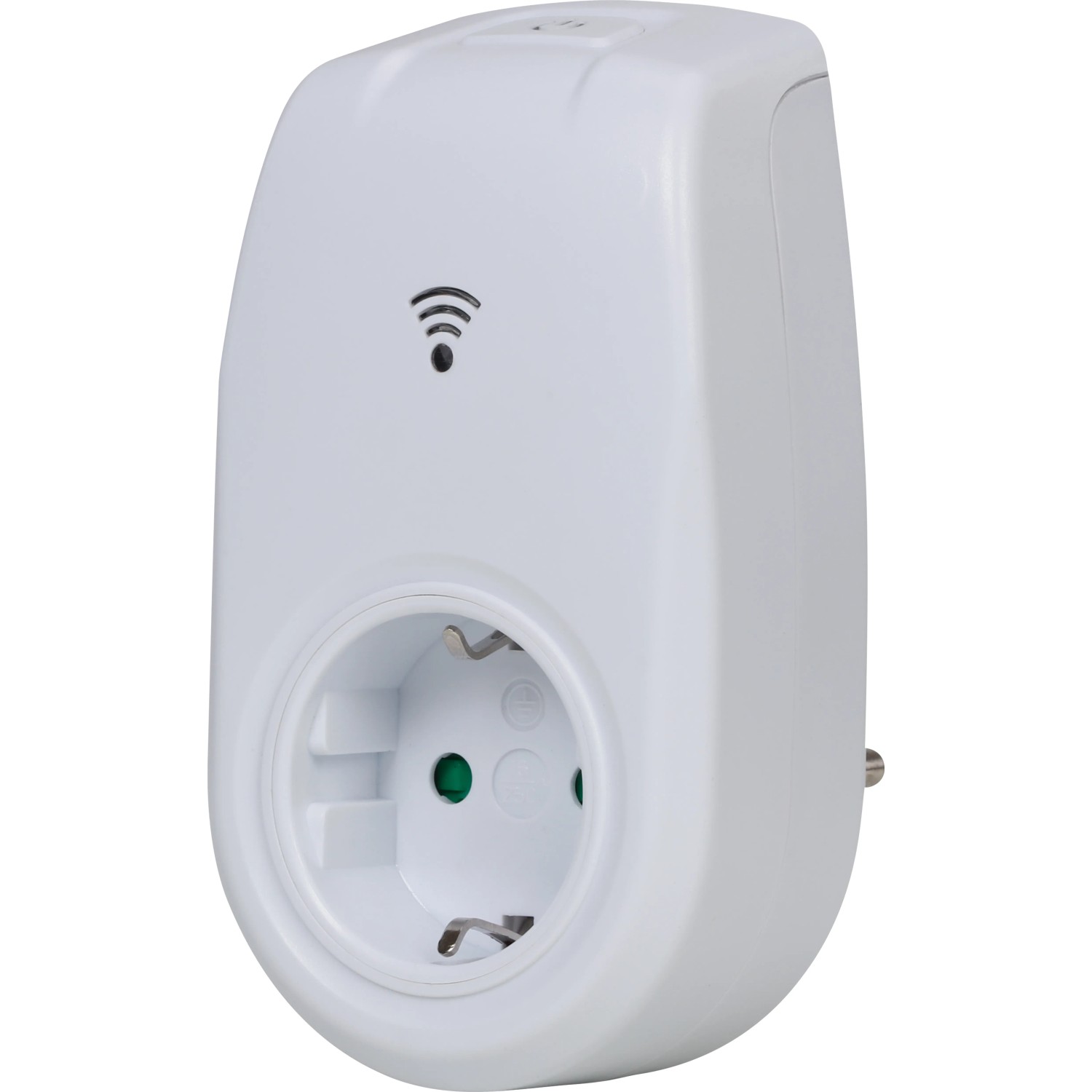 Weißer Wifi Stecker Schuko zur Hausfunksteuerung von Elektrogeräten.