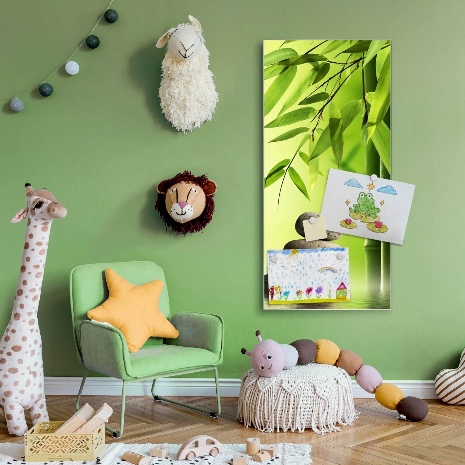 Magnettafel Silber 'Innere Ruhe' 37x78cm mit Magneten als Wanddeko im Kinderzimmer.