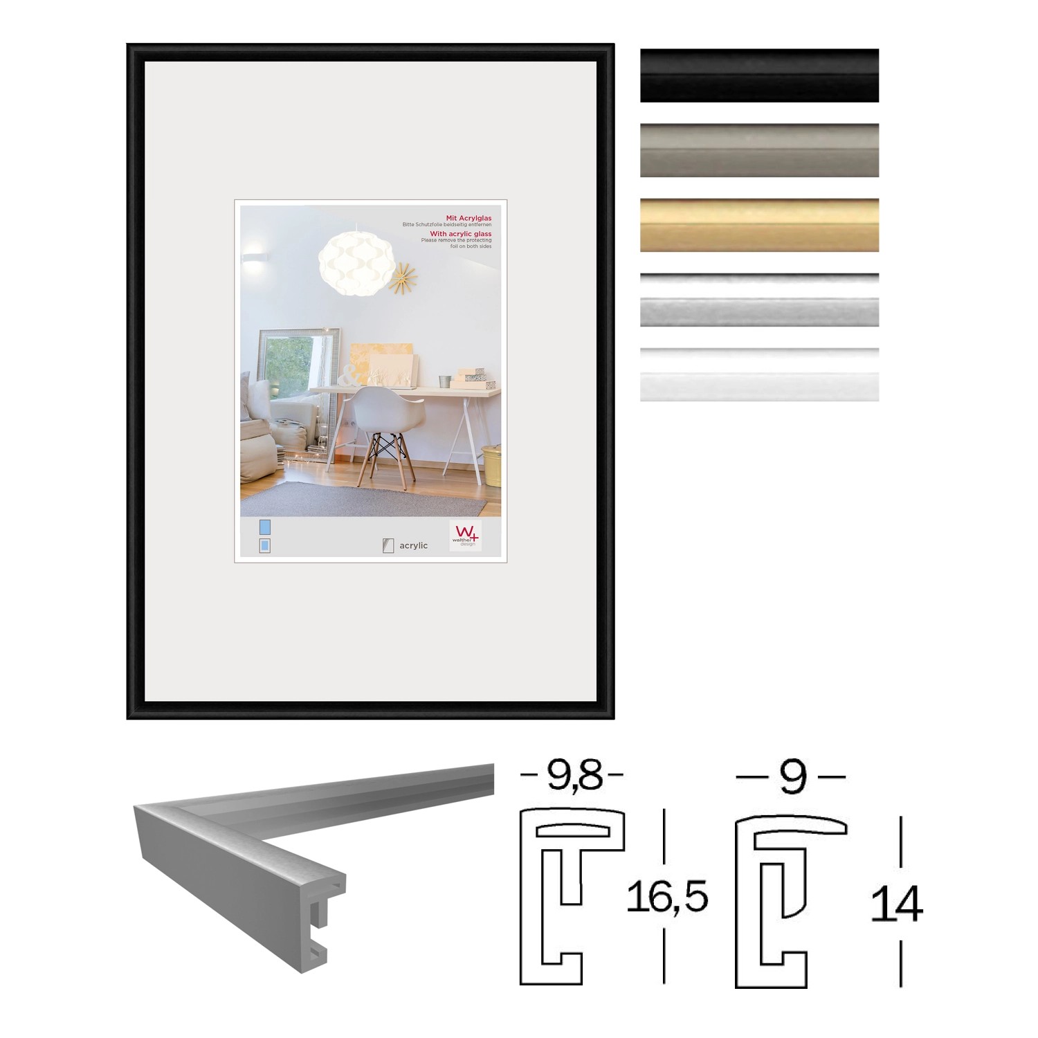 Walther Design Bilderrahmen New Lifestyle, 21x29,7 cm, Stahl, mit schmalem, abgerundetem Profil.