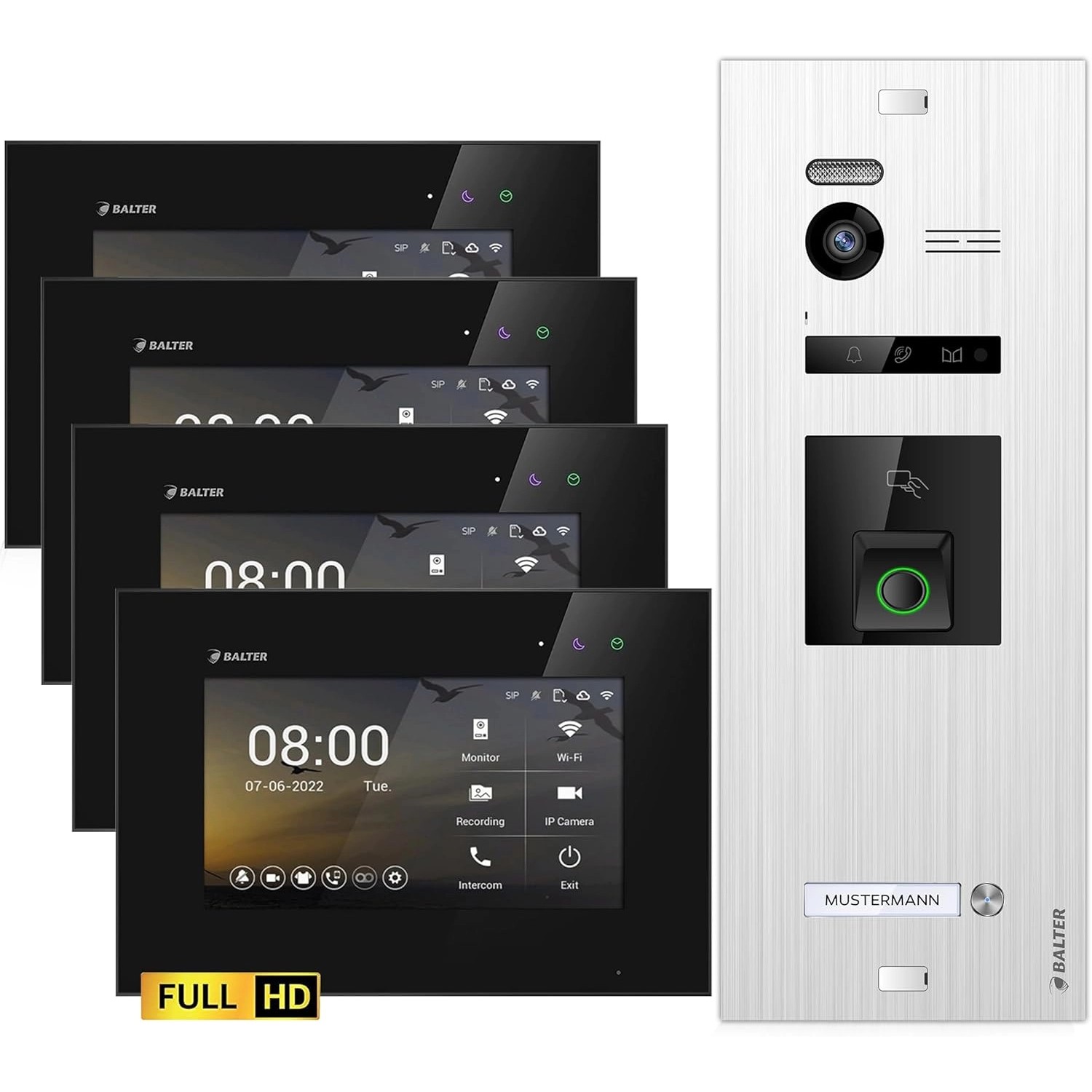 Balter EVO-HD Video-Türsprechanlage mit Fingerprint für Einfamilienhaus mit 4x 7 Zoll Monitor Silber-Schwarz