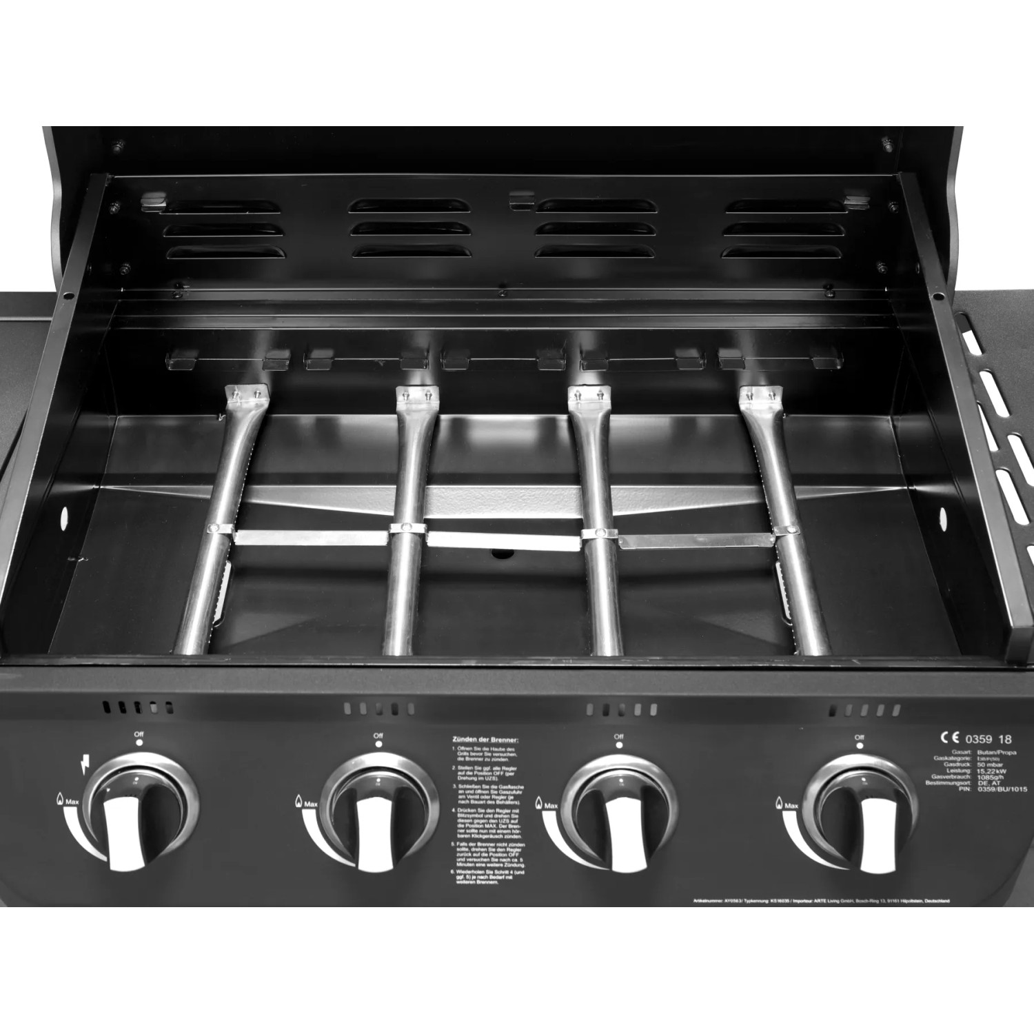 El Fuego Gasgrill Columbus, 4 Brenner, offen. Detailaufnahme der Brenner und Bedienelemente.