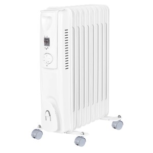 Weißer Ölradiator Kiruna mit 2000 W, mobile Elektroheizung mit Thermostat und Rollen.