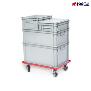 PROREGAL Transportroller mit Euroboxen, 60x40 cm, rote Gummiräder, offenes Deck, 300 kg Traglast.
