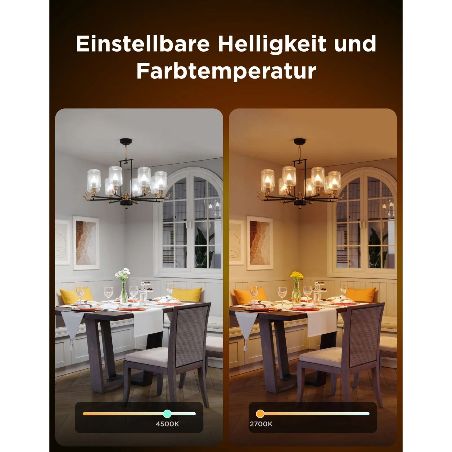 Govee B600C Smart LED E14 Leuchtmittel im Esszimmer. Zeigt einstellbare Helligkeit und Farbtemperatur von 4500K bis 2700K.