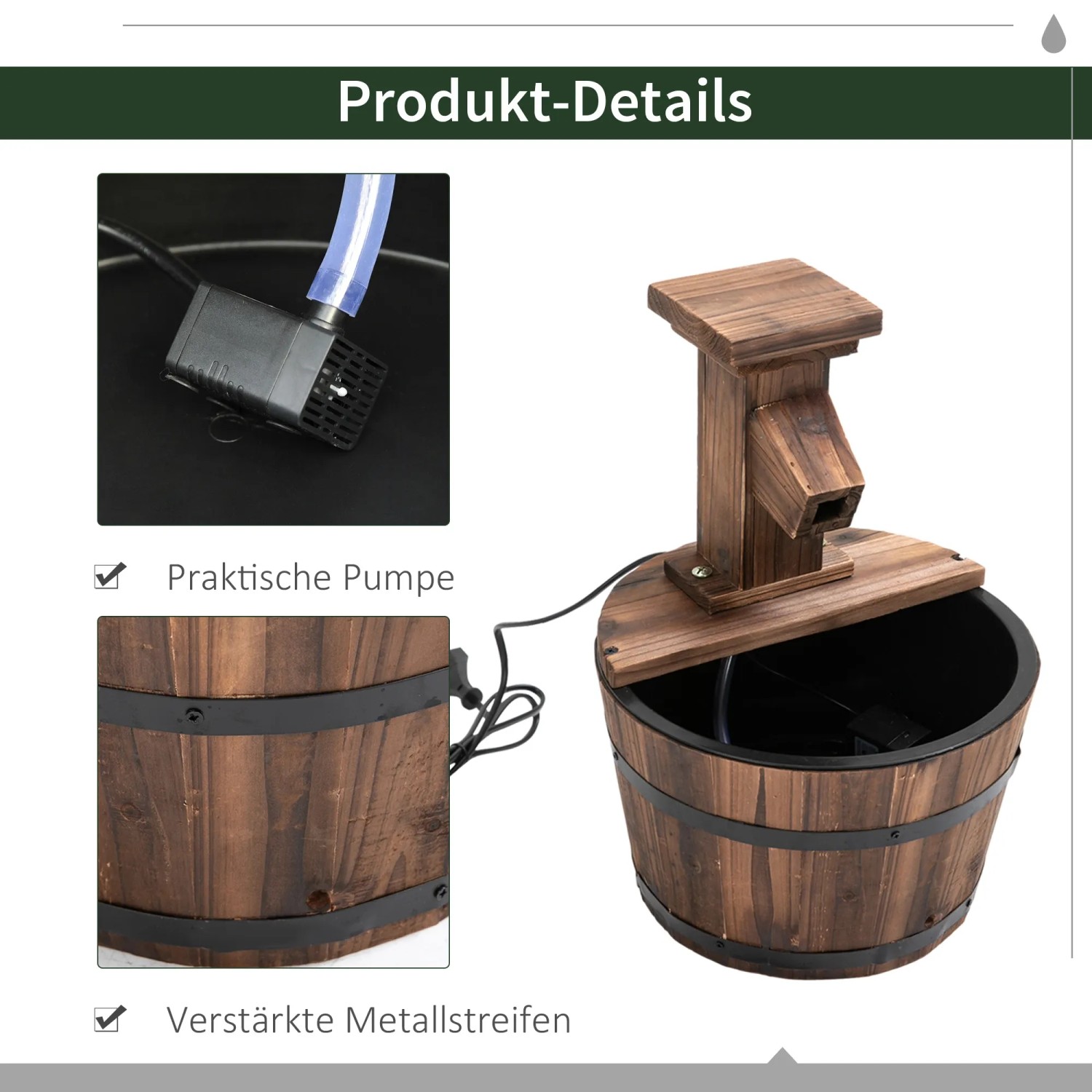 Outsunny Gartenbrunnen aus Tannenholz und Metall im Natur-Look, Ø27x37cm.