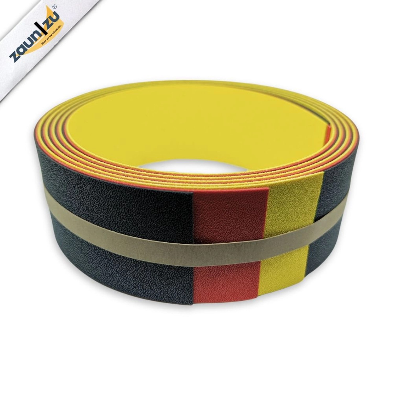 zaunzu Sichtschutzstreifen Deutschland für Doppelstabmattenzaun in Schwarz-Rot-Gold.