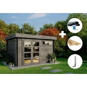 Graues Alpholz Gartenhaus Leandro-28 Set mit Dacheindeckung und Fußboden.