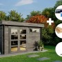 Graues Alpholz Gartenhaus Leandro-28 Set mit Dacheindeckung und Fußboden.