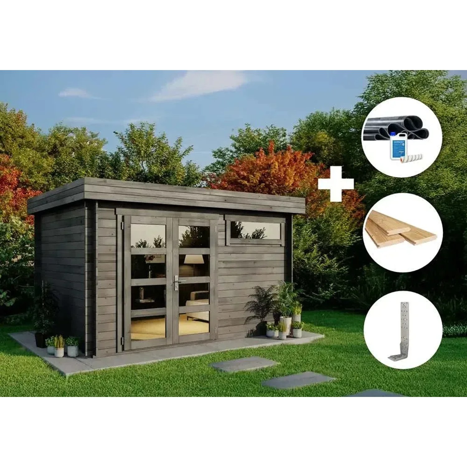 Graues Alpholz Gartenhaus Leandro-28 Set mit Dacheindeckung und Fußboden.