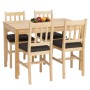 Esszimmer-Set aus Kiefer Massivholz im Landhausstil. Tisch und 4 Stühle mit schwarzen Polstern. 110cm.