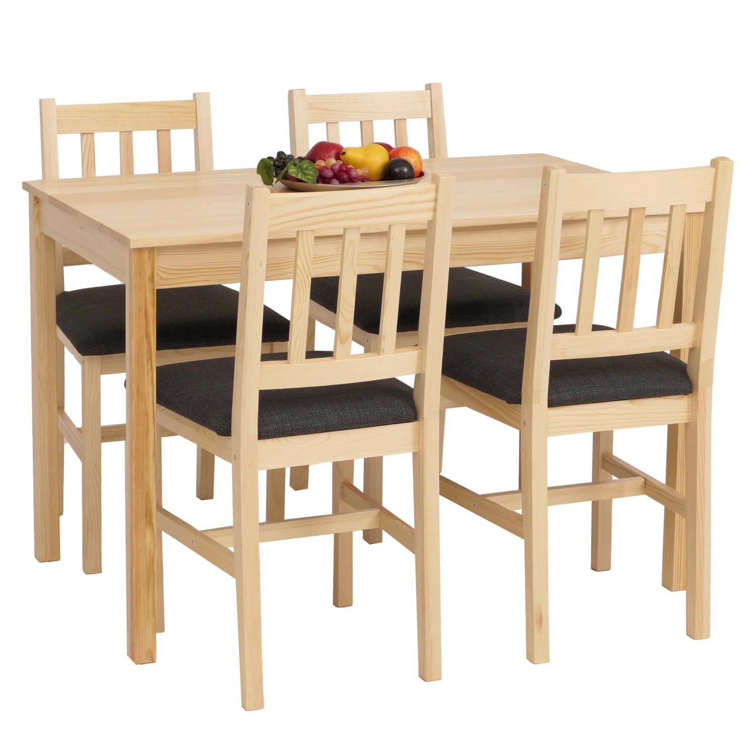 Esszimmer-Set aus Kiefer Massivholz im Landhausstil. Tisch und 4 Stühle mit schwarzen Polstern. 110cm.