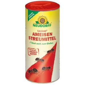 Neudorff Loxiran Ameisen Streumittel 500g Dose mit rotem Deckel, gelbem Etikett und Ameisenmotiv. Schnelle Bekämpfung.
