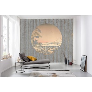 Komar Vlies Fototapete Land of Gold, 300x280cm, mit Landschaftsmotiv im Kreis auf grauer Struktur.