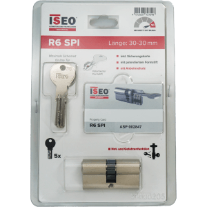 Iseo Profilzylinder R6 SPI 30/30 im Set mit 5 Schlüsseln und Sicherungskarte.