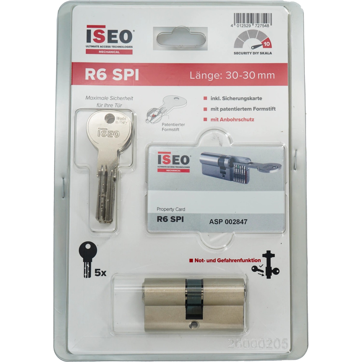 Iseo Profilzylinder R6 SPI 30/30 im Set mit 5 Schlüsseln und Sicherungskarte.