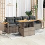 Graue 5-tlg. vidaXL Garten-Sofagarnitur aus Polyrattan mit Akazienholz-Akzenten und Kissen.