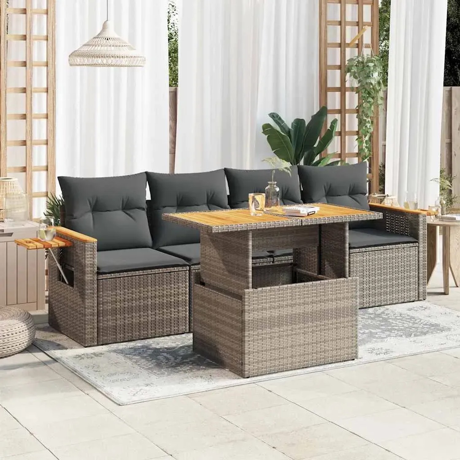 Graue 5-tlg. vidaXL Garten-Sofagarnitur aus Polyrattan mit Akazienholz-Akzenten und Kissen.