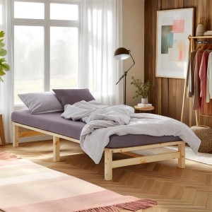 Homestyle4u Palettenbett 90x200 mit Matratze, Kiefernholz natur, im Schlafzimmer.