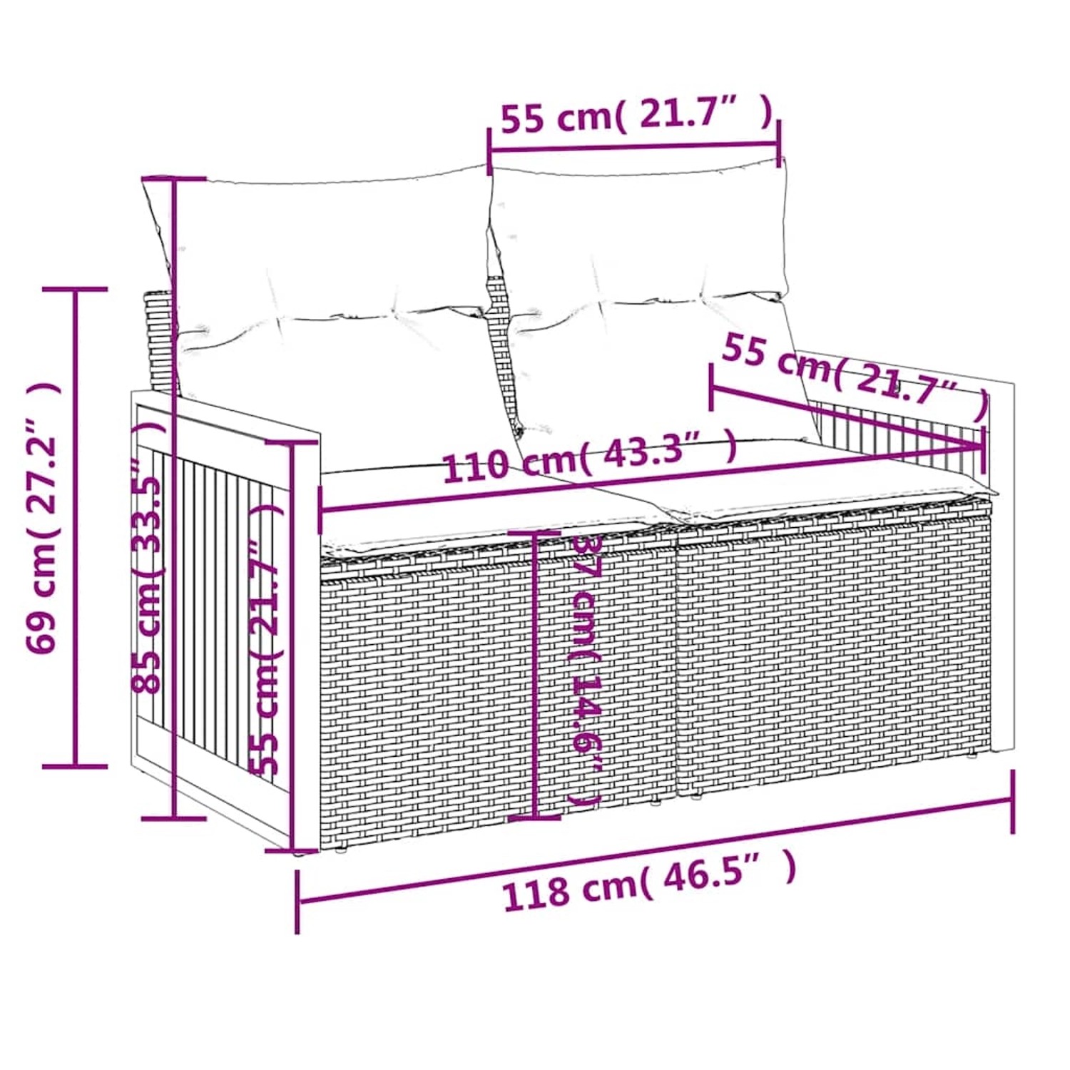 vidaXL 5-tlg. Garten-Sofagarnitur, schwarzes Poly Rattan mit Kissen, Maße siehe Bild.