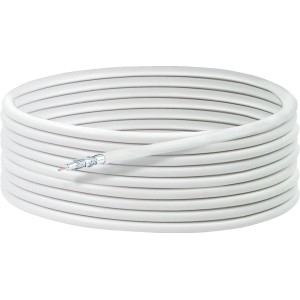 Schwaiger Koaxialkabel, 25 m, weiße Antennenleitung aufgerollt, mit offenem Kabelende.