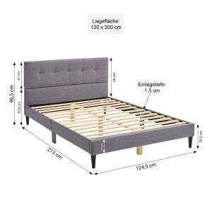 Homestyle4u Polsterbett 120x200 Grau Jugendbett Doppelbett mit Lattenrost 1985