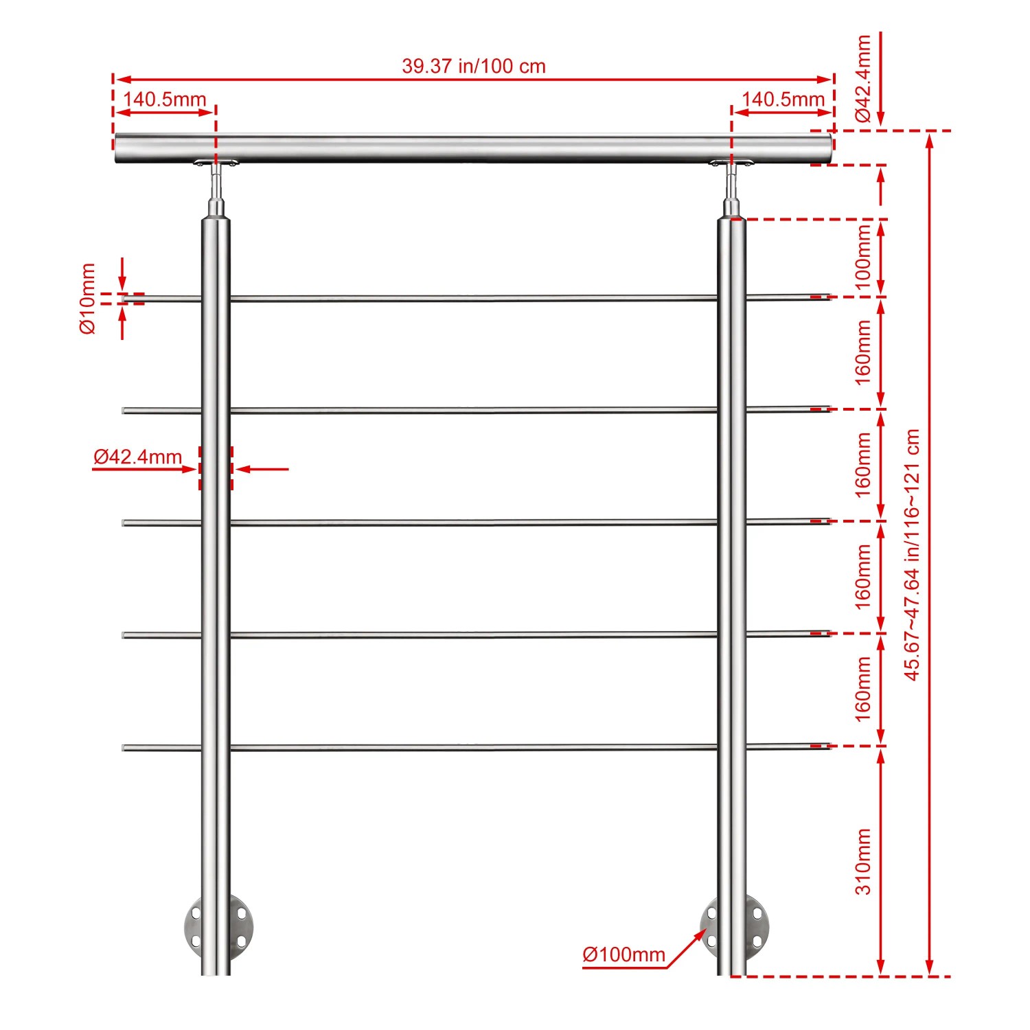 AICA 304 Edelstahl Treppengeländer Set Seitenmontage 100 cm Länge 5 Querstreben_2