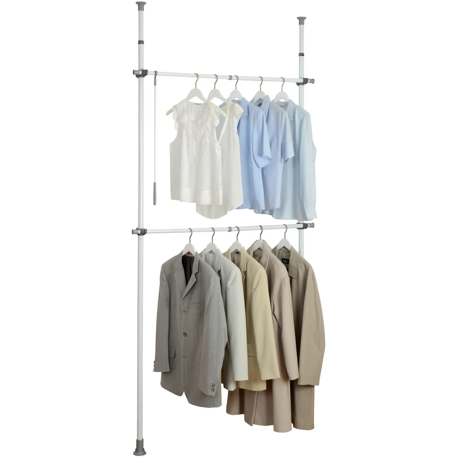 Wenko Teleskop-Garderobensystem Herkules Basic mit Kleidung auf zwei Stangen. Flexible, textile Aufbewahrung.