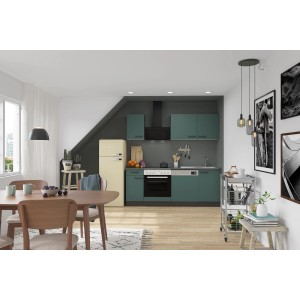 OPTIFIT Verona405 Küchenzeile, 210 cm, Steingrün mit E-Geräten und Geschirrspüler.