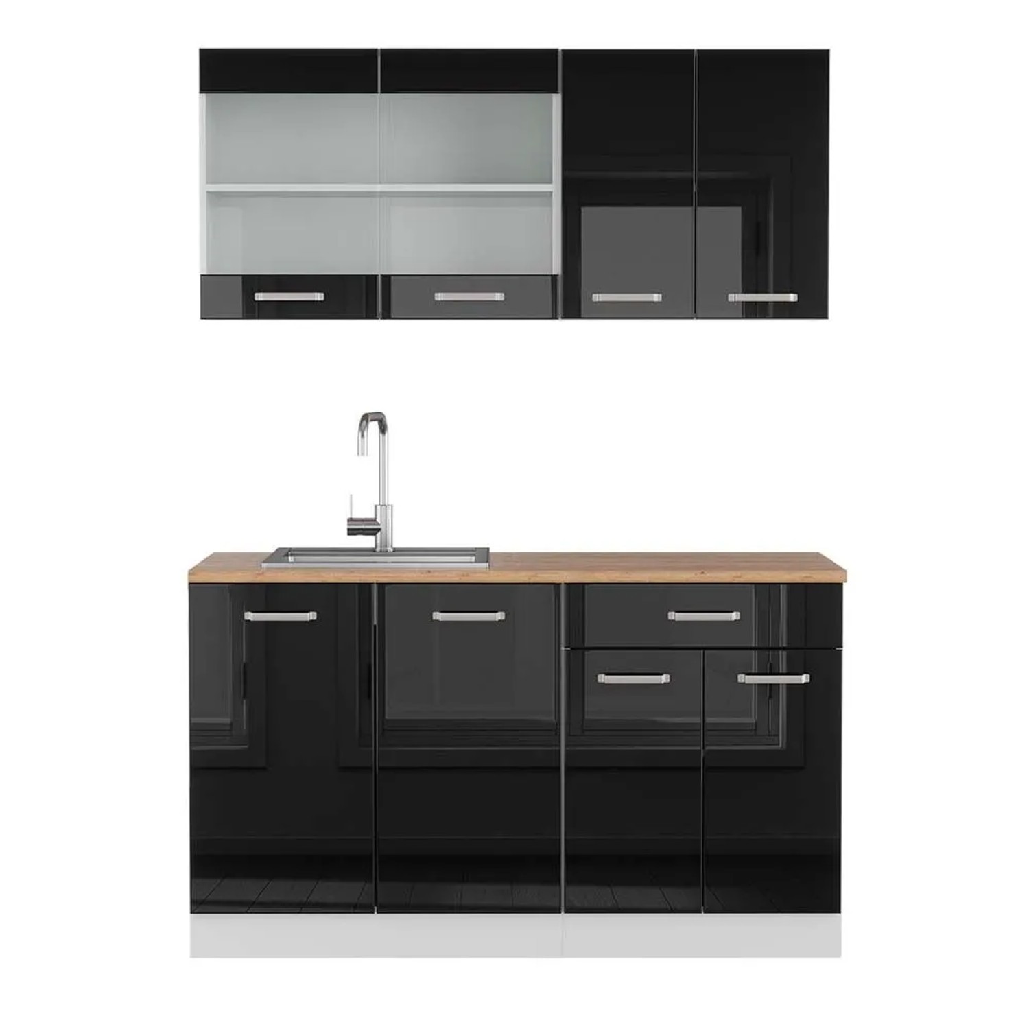 Vicco R-Line Singleküche Schwarz Hochglanz Weiß 140 cm AP Eiche ohne E-Geräte