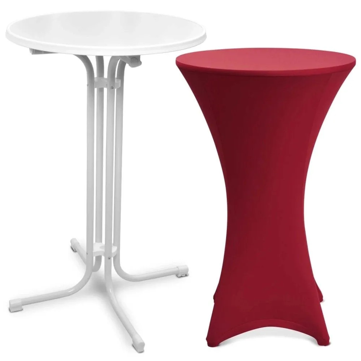 Beautissu Bellini Stehtisch Ø 60cm Weiß mit Stella Stehtischhusse Ø 60cm Bordeaux