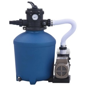 Blaue Sandfilteranlage mit schwarzem Ventil, Manometer und grauer Pumpe. Pool Filtermedien mit Zeitschaltuhr für sauberes Wasser.