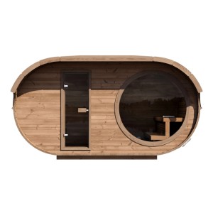 Weka Saunahaus Keila aus Thermoholz mit Glastür und rundem Fenster.