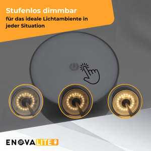 Graue ENOVALITE LED Akkutischleuchte, dimmbar & CCT einstellbar, kabellos, IP44.