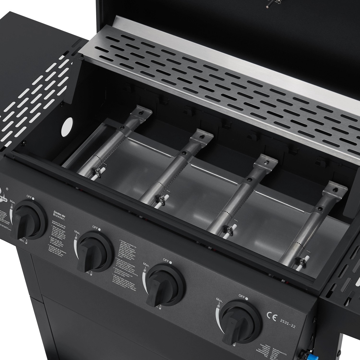 El Fuego Gasgrill San Jose: Detailansicht der 4 Edelstahlbrenner unter dem Grillrost.