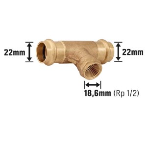 Press-T-Stück aus Rotguss, 22 mm x 18,6 mm (Rp 1/2), für Kupferrohr-Verbindungen.