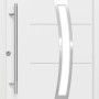 Weiße Sicherheits-Haustür ThermoSpace Prime Prag RC2 mit Edelstahlgriff und silbernem Designelement.