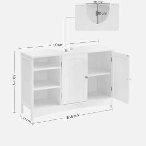 Weißer Vasagle Waschbeckenunterschrank (90x60x30cm) mit offenem Regal und Doppeltür.