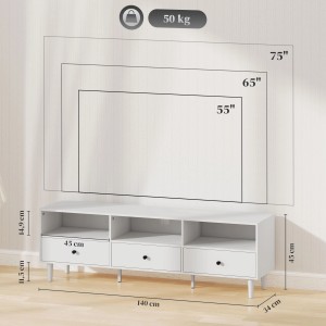 Weißer HOMCOM TV Schrank mit Schubladen und offenen Fächern, geeignet für TVs bis 75 Zoll.