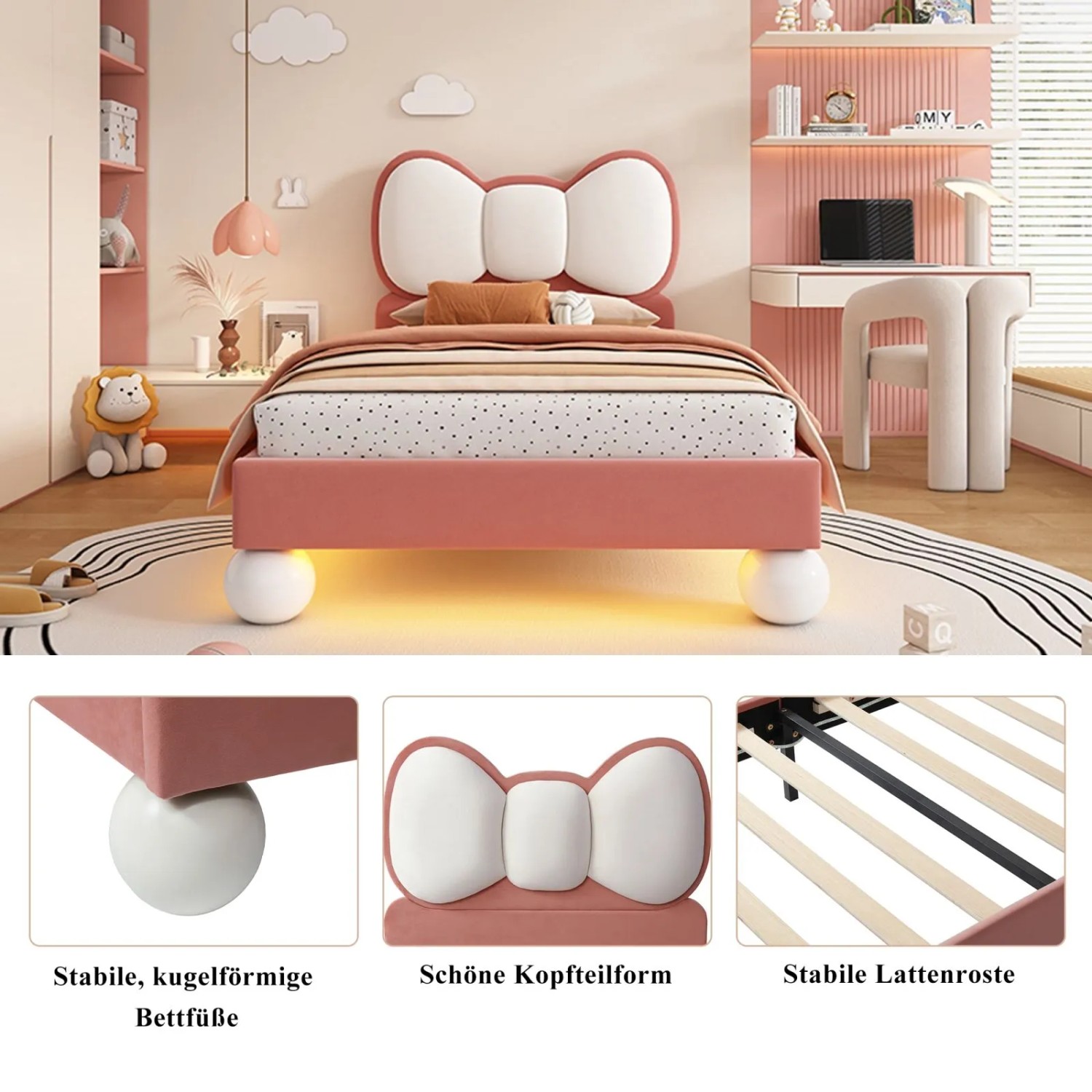 PXloue Kinderbett 90x200 Polsterbett mit LED Fliege-Kopfteil Samt Beige-Rosa_6