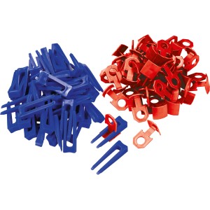LUX Nivellierhilfe Startset: 100 blaue Keile und 300 rote Clips (2 mm) für Fliesenverlegung.